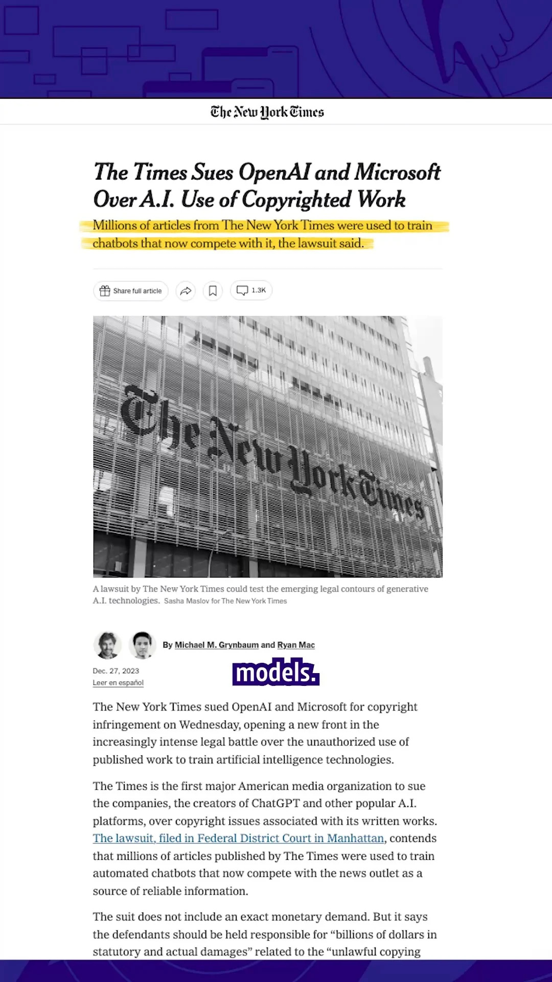 Personal Digest: Times sues OpenAI and Microsoft — AI vs. news